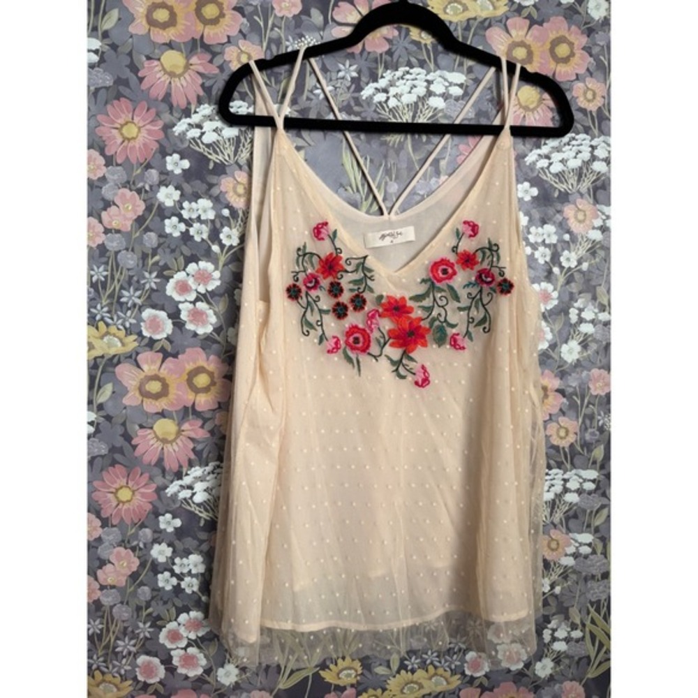 A Beautiful Soul Embroidered Floral Mesh Cami‎ Top Dot Strappy Siza A